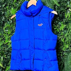 Hollister Kids Puffer Vest Size‎ L Royal Blue Hooded Logo 3297